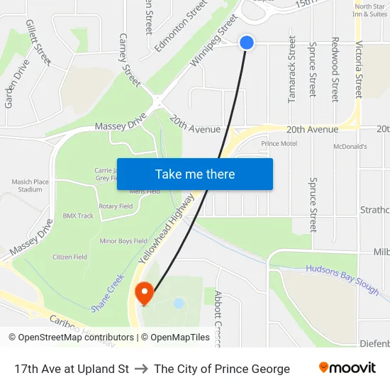 17th Ave at Upland St to The City of Prince George map