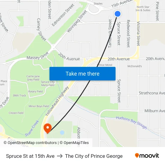 Spruce St at 15th Ave to The City of Prince George map