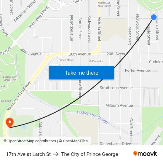 17th Ave at Larch St to The City of Prince George map