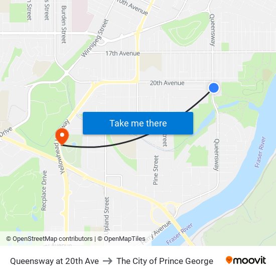 Queensway at 20th Ave to The City of Prince George map