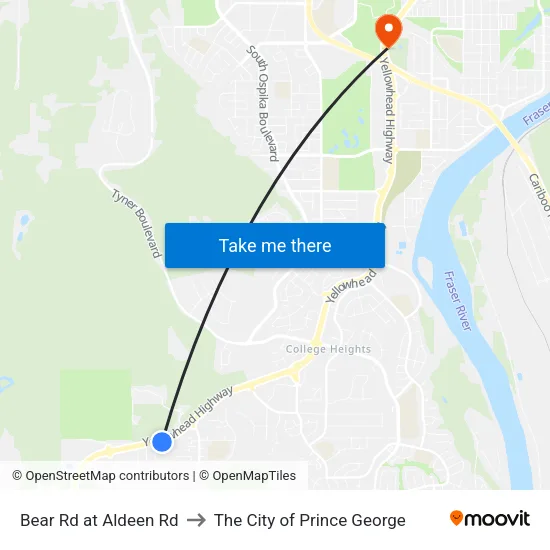 Bear Rd at Aldeen Rd to The City of Prince George map