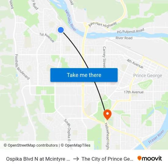 Ospika Blvd N at Mcintyre Cres to The City of Prince George map