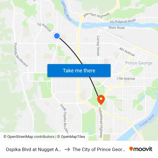 Ospika Blvd at Nugget Ave to The City of Prince George map