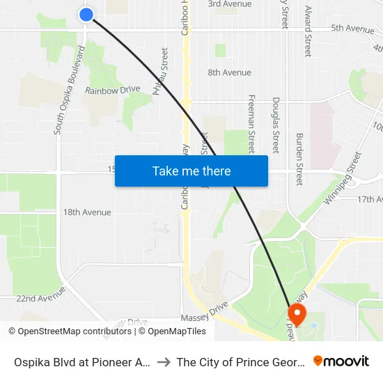 Ospika Blvd at Pioneer Ave to The City of Prince George map