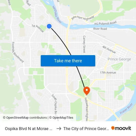 Ospika Blvd N at Mcrae Ave to The City of Prince George map