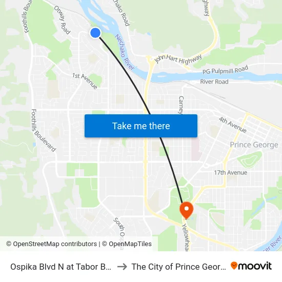 Ospika Blvd N at Tabor Blvd to The City of Prince George map