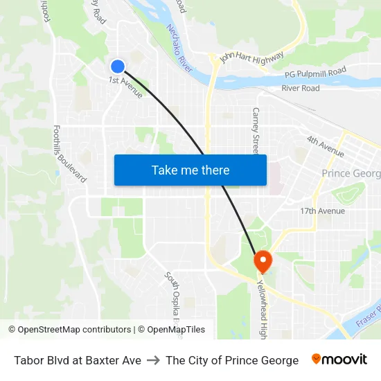 Tabor Blvd at Baxter Ave to The City of Prince George map