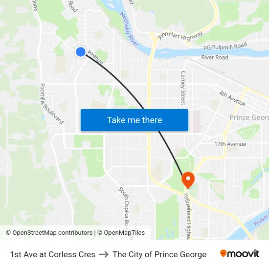 1st Ave at Corless Cres to The City of Prince George map