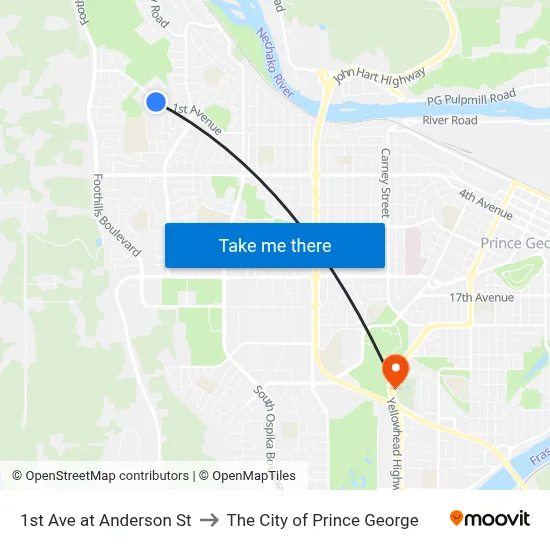1st Ave at Anderson St to The City of Prince George map