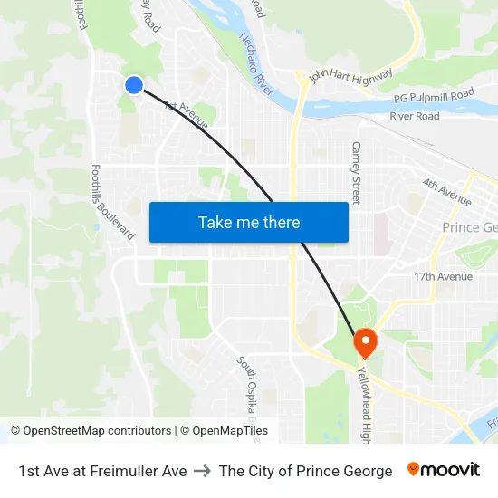 1st Ave at Freimuller Ave to The City of Prince George map