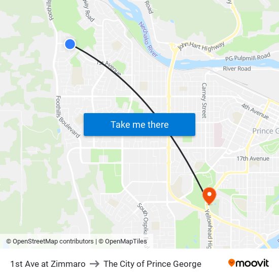 1st Ave at Zimmaro to The City of Prince George map