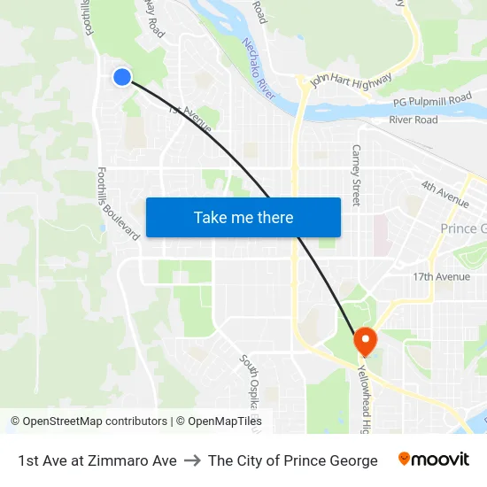 1st Ave at Zimmaro Ave to The City of Prince George map