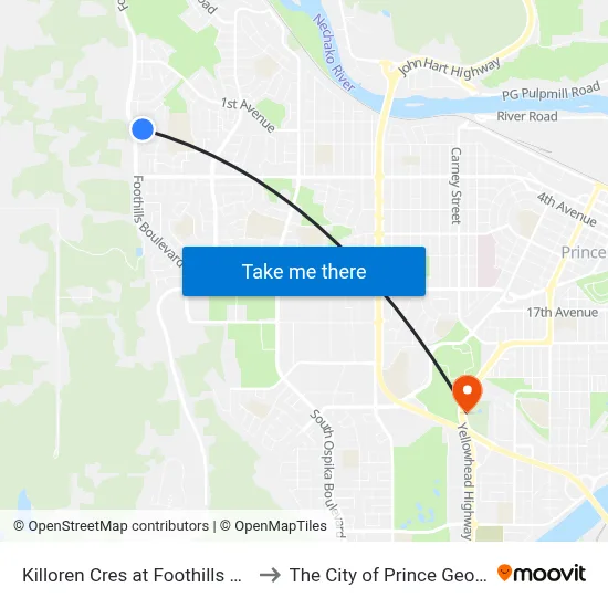 Killoren Cres at Foothills Blvd to The City of Prince George map
