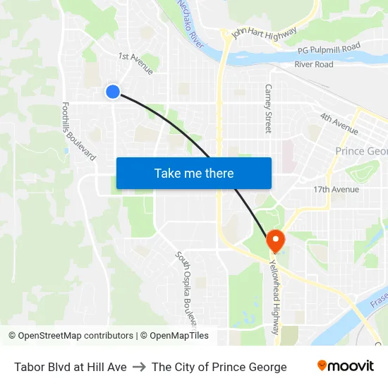 Tabor Blvd at Hill Ave to The City of Prince George map