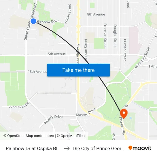 Rainbow Dr at Ospika Blvd to The City of Prince George map