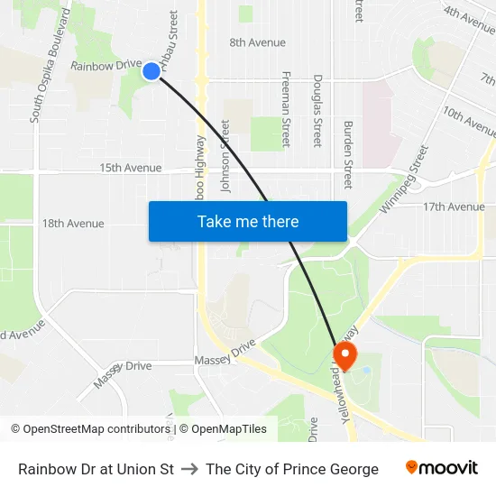 Rainbow Dr at Union St to The City of Prince George map