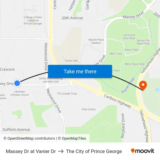 Massey Dr at Vanier Dr to The City of Prince George map