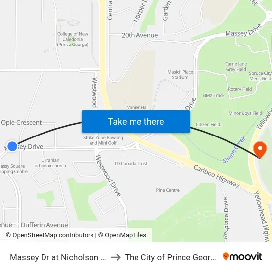 Massey Dr at Nicholson St to The City of Prince George map