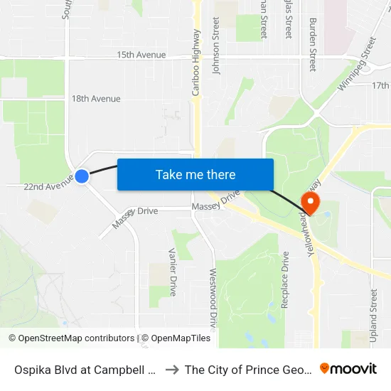 Ospika Blvd at Campbell Ave to The City of Prince George map