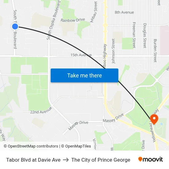 Tabor Blvd at Davie Ave to The City of Prince George map