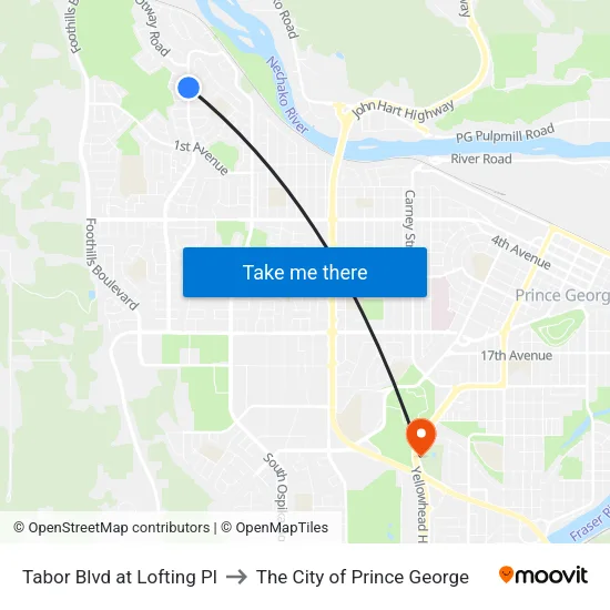Tabor Blvd at Lofting Pl to The City of Prince George map