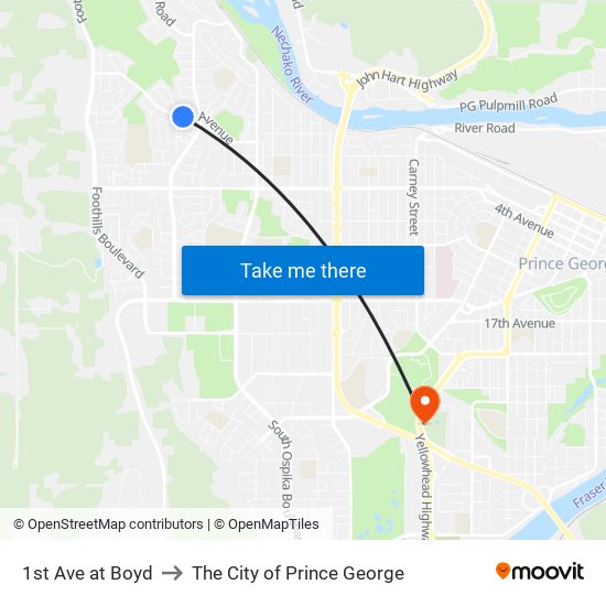 1st Ave at Boyd to The City of Prince George map