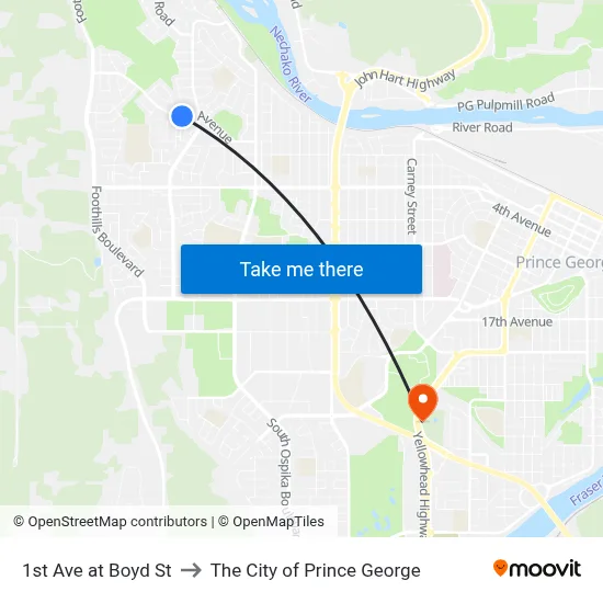 1st Ave at Boyd St to The City of Prince George map