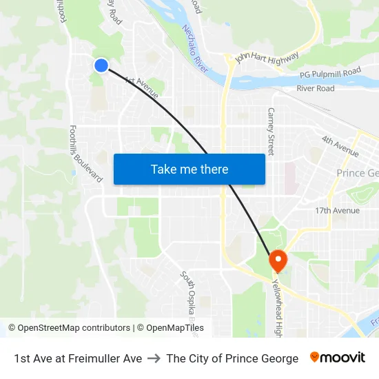 1st Ave at Freimuller Ave to The City of Prince George map