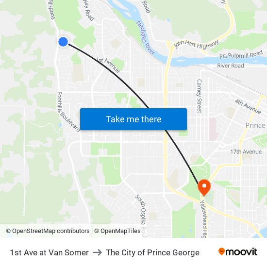 1st Ave at Van Somer to The City of Prince George map
