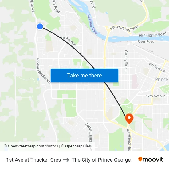 1st Ave at Thacker Cres to The City of Prince George map