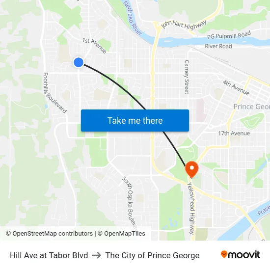 Hill Ave at Tabor Blvd to The City of Prince George map