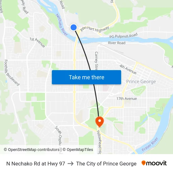 N Nechako Rd at Hwy 97 to The City of Prince George map