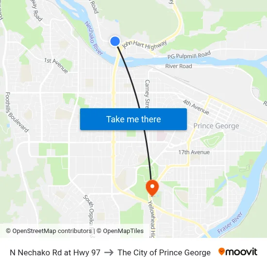 N Nechako Rd at Hwy 97 to The City of Prince George map
