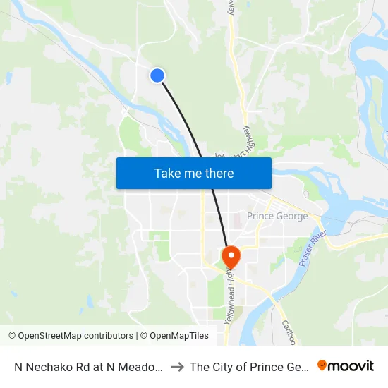 N Nechako Rd at N Meadow Rd to The City of Prince George map