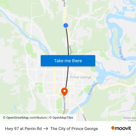Hwy 97 at Perrin Rd to The City of Prince George map