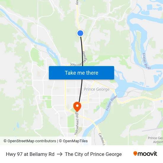 Hwy 97 at Bellamy Rd to The City of Prince George map