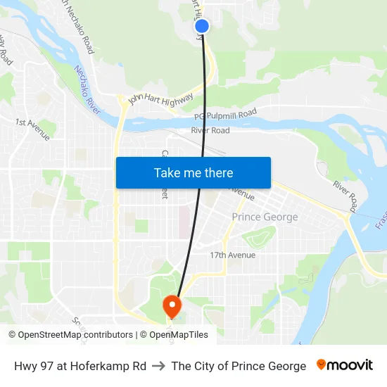 Hwy 97 at Hoferkamp Rd to The City of Prince George map