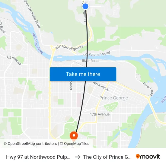 Hwy 97 at Northwood Pulpmill Rd to The City of Prince George map