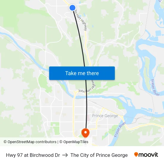 Hwy 97 at Birchwood Dr to The City of Prince George map