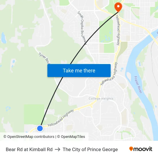 Bear Rd at Kimball Rd to The City of Prince George map