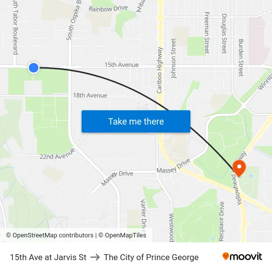 15th Ave at Jarvis St to The City of Prince George map