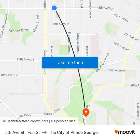 5th Ave at Irwin St to The City of Prince George map