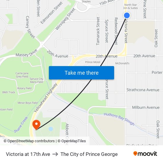 Victoria at 17th Ave to The City of Prince George map