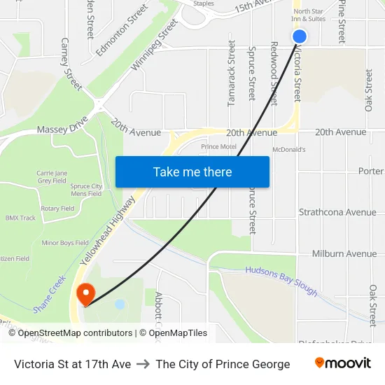 Victoria St at 17th Ave to The City of Prince George map