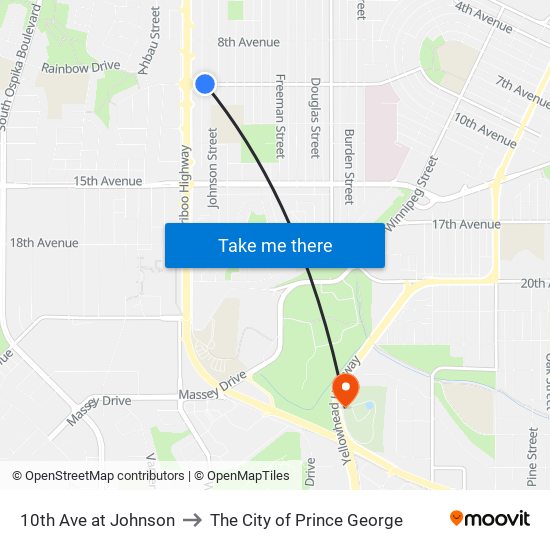 10th Ave at Johnson to The City of Prince George map
