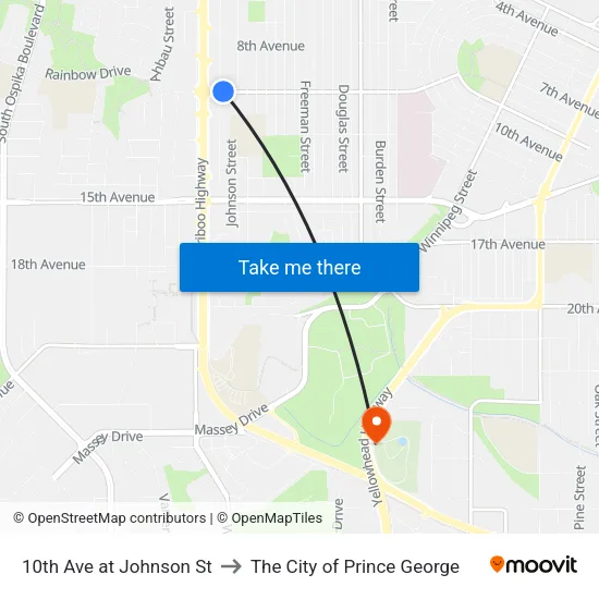 10th Ave at Johnson St to The City of Prince George map