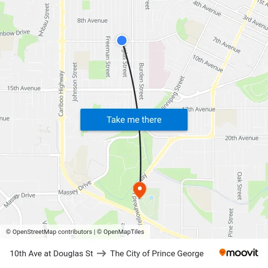 10th Ave at Douglas St to The City of Prince George map