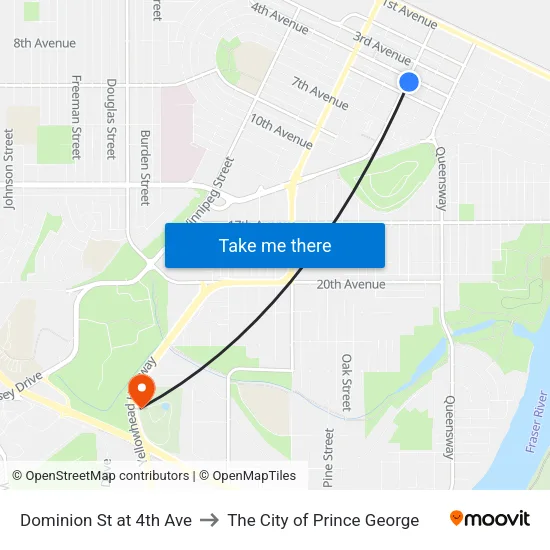 Dominion St at 4th Ave to The City of Prince George map