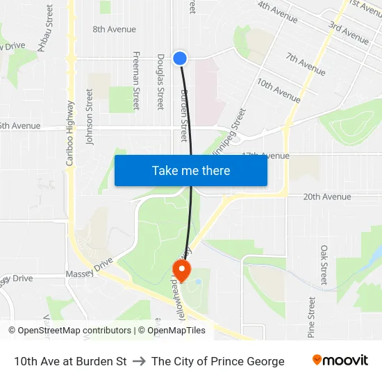 10th Ave at Burden St to The City of Prince George map