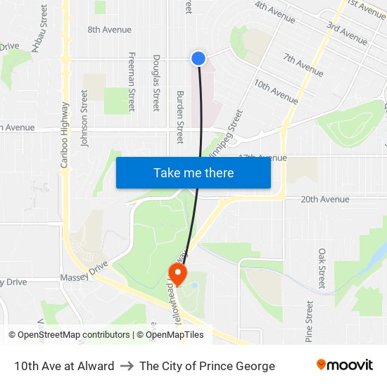 10th Ave at Alward to The City of Prince George map